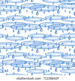 Circles on the water, drops. Rain. Background, wallpaper, seamless. Blue. On a white background