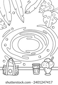 Circles on the water. Summer, palm trees, beach bag, soda. Background, coloring page, black and white vector illustration.
