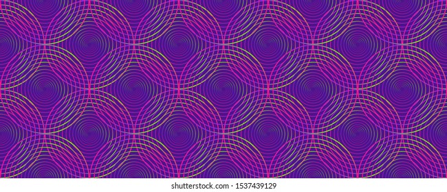 Circles optical illusion seamless pattern vector graphic design. Ggradient circles texture, round lines seamless abstract neon blue pink yellow background pattern