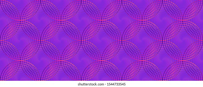 Circles optical illusion seamless pattern vector graphic design. Ggradient circles texture, round lines seamless abstract neon blue pink yellow background pattern