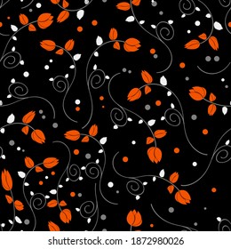 circles and orange flowers with gray twisted stems and light leaves are randomly arranged on a black background. elegant floral seamless pattern. vector