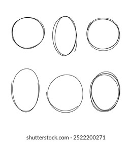 Circles and ovals drawn by hand with a black marker pen. Graphic linear illustration of round frames, doodle. A set of simple decorative blank elements for highlighting, tracing isolated on a white 