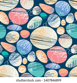 Circles and ovals with scribbles seamless pattern. Decorative background with hand drawn multicolored egg shapes. Abstract backdrop with chaotic ink lines. Wallpaper, wrapping paper, textile print
