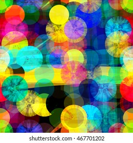 Circles and overlapping stripes. Watercolor effect. Contrast seamless pattern. Colorful background for home design, fabric, wrapping paper, book cover.