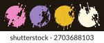 Circles with paint splashes. Round icons. Colorful Ink splatters. Liquid stains, burst, spots, drops, dots. Hand drawn trendy Vector illustration. Isolated design elements