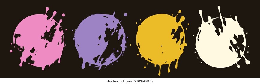 Círculos com respingos de tinta. Arredondar ícones. Manchas coloridas de tinta. Manchas líquidas, rajadas, manchas, gotas, pontos. Desenhado à mão na moda ilustração Vetor. Elementos de design isolados