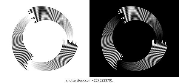 Circles with parallel lines and spiral perspective. A white circle on a black background and the same illustration with inverted colors.