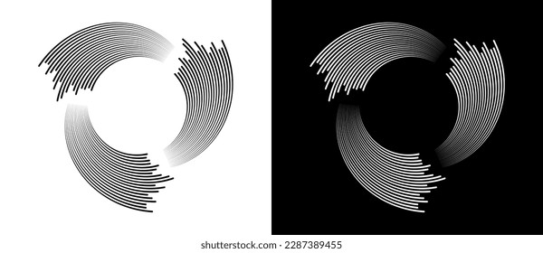 Circles with parallel lines and spiral perspective. A white circle on a black background and the same illustration with inverted colors.