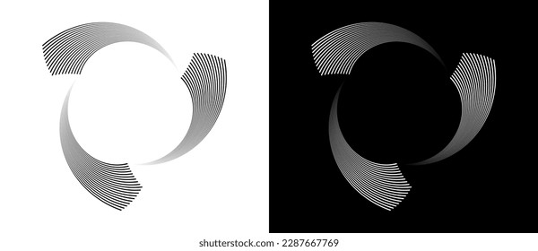 Circles with parallel lines and spiral perspective. A white circle like arrows on a black background and the same illustration with inverted colors.