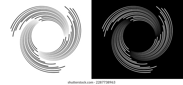 Circles with parallel lines and spiral perspective. A white circle on a black background and the same illustration with inverted colors.