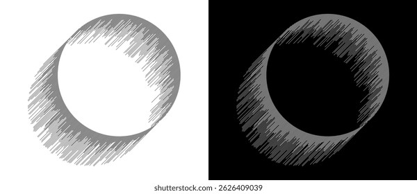 Circles with parallel lines. A white circle on a black background and the same illustration with inverted colors.