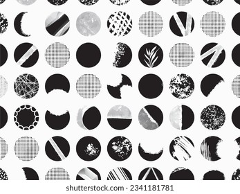 Patrón de círculos con decoraciones de patrones aleatorios de grungo texturizado abstracto aislado en papel pintado de paisaje. Sencillo fondo monocromo plano abstracto en blanco y negro.