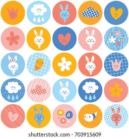 circles pattern baby bunnies flowers clouds