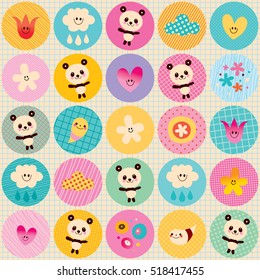 circles pattern baby panda bears flowers clouds with pastel colors and note book paper background