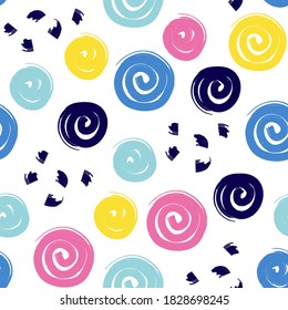 Circles pattern. Children, kids sketch drawing. Pink, blue, yellow, green, white colors. Hand Drawn textures. Design for poster, card, invitation, placard, brochure, flyer. Abstract Seamless print.