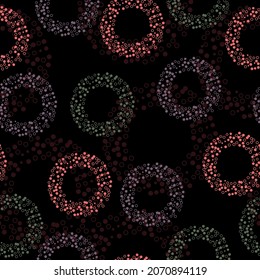 Circles pattern in fashion trend colors  Black background. Seamless vector illustration with pink and purple geometric shapes.