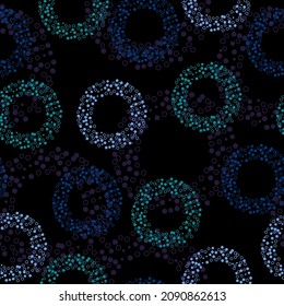 Circles pattern in fashion trend colors  Black background. Seamless vector illustration with pink and purple geometric shapes.