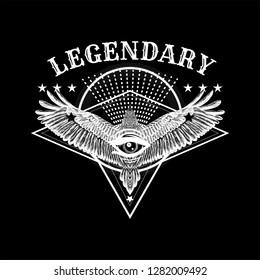 Circles pattern and hand drawn flying bird. All seeing eye. Sketch for print t shirt and tattoo art. Diamond and drawing bald eagle and eye of providence. Slogan for motorcycle emblem: Legendary.