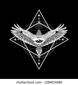Circles pattern and hand drawn flying bird.All seeing eye.Sacred geometry. Sketch for print t shirt and tattoo art. Diamond and drawing bald eagle and eye of providence.Boho chic.Black and white art.