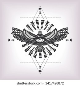 Circles pattern and hand drawn flying bird with all seeing eye. Sacred geometry. Sketch for print t shirt and tattoo art. Diamond and drawing bald eagle and eye of providence. Boho chic.