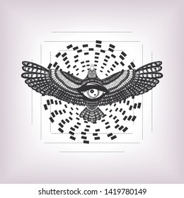 Circles pattern and hand drawn flying bird. Hypnotic circles with all seeing eye and wings. To be used for print t shirt and tattoo art, coloring book pages.