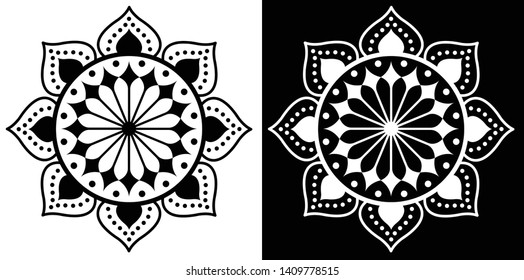 Circles, Petals and Dots are in Mandala Shape - Indian Traditional and Cultural Rangoli, Alpona, Kolam or Paisley vector line art with dark and white background