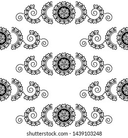 Circles, petals and Circles with flowers - Indian Traditional and Cultural Rangoli, Alpona, Kolam or Paisley vector line art is in Seamless Pattern