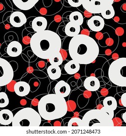 Circles and polka dots red an black pattern. Fashion textiles for fabric. Ready to print. All over print and vector
