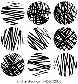 Circles with random chaotic, irregular straight lines. Dynamic lines clipped in circles.