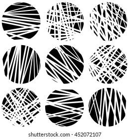 Circles with random chaotic, irregular straight lines. Dynamic lines clipped in circles.