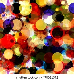 Circles, rings and spots. Seamless pattern. Red, yellow, black, blue, white. Abstract vector background. Watercolor and blurred effect
