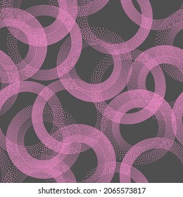 Circles Rings Stippled Seamless Pattern Aesthetic Vector Abstract Background. Tileable Geometric Texture Dotted Round Grunge Repetitive Wallpaper. Halftone Retro Purple Gray Art Illustration