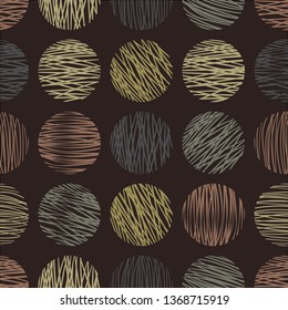 Circles with scribbled stripes on a dark background. Abstract, sketchy seamless pattern for print, fabric and gift wrapping.