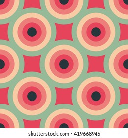 Circles seamless pattern abstract background with concentric circles of pink, red, green and black colors. Colorful bright vector background.