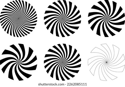 Circles. Set of 6 Editable Vector Sunbeam swirl Radial Circles. 6 Variations for design use. Retro design, Flat Design, Black and white, vortex, psychedelic swirls, Use for Posters, Logos, Templates