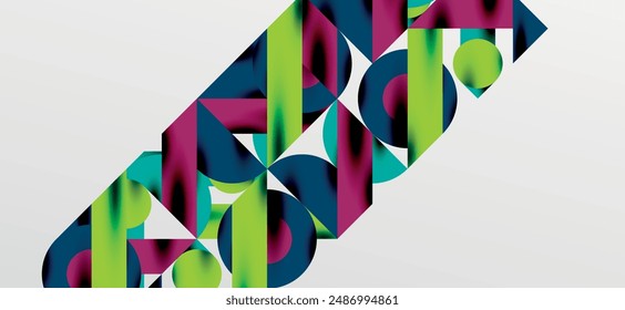 Kreise und Schatten. Bunte runde Elemente mit Dreiecken, Halbkreisen und anderen Formen. Vektorillustration für Bildschirmhintergrund, Banner, Hintergrund, Karte, Buchabbildung, Zielseite
