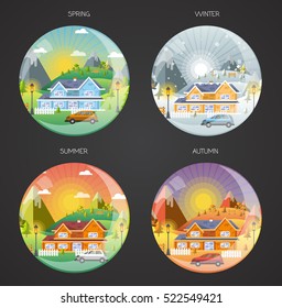 circles shapes landscape design set with Winter, Spring, Summer, Autumn. houses, 4 seasons set.