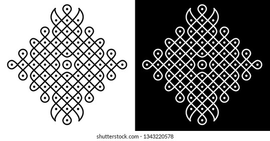 Circles, Sharp Corners, Squares and 11X11 Dots - Indian Traditional and Cultural Rangoli, Alpona, Kolam or Paisley vector line art with dark and white background