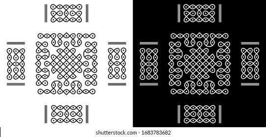 Circles, Sharp corners, Squares and dots - Indian Traditional and Cultural Rangoli Vector line art with Black and white background
