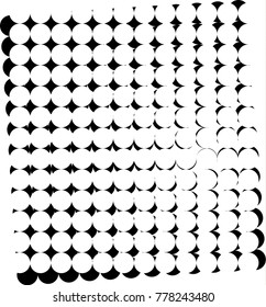 Circles side by side, random rotated, creating modern, optically challenging pattern in black and white