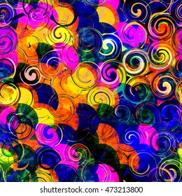 Circles and spirals. Colorful seamless vector background for fabric, printing, packaging paper. Contrasting pattern