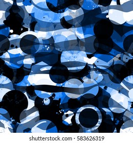 Circles and splotches. Grunge seamless background. Blue, black and white texture