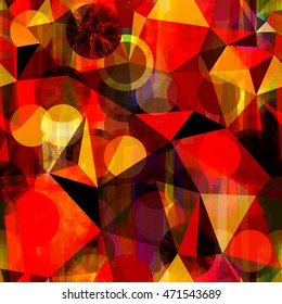 Circles, spots and triangles. Red seamless vector background. Abstract pattern. Watercolor effect