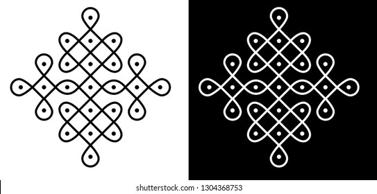 Circles, Squares and 7X7 Dots - Indian Traditional and Cultural Rangoli, Alpona, Kolam or Paisley Vector Line art with Dark and White Background