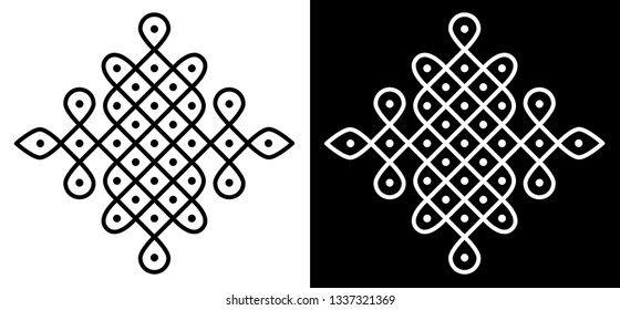 Circles, Squares and 7X7 Dots - Indian Traditional and Cultural Rangoli, Alpona, Kolam or Paisley vector line art with dark and white background