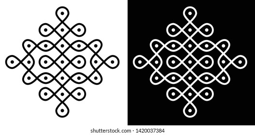 Circles, Squares and 7X7 dots - Indian Traditional and cultural Rangoli, Alpona, Kolam or Paisley vector line art with dark and white background
