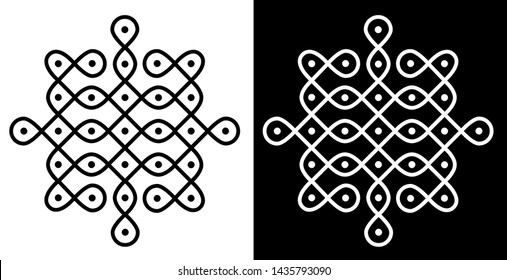 Circles, Squares and 7X7 dots - Indian Traditional and Cultural Rangoli, Alpona, Kolam or Paisley vector line art with dark and white background