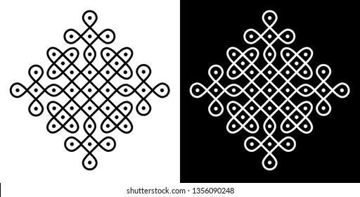 Circles, Squares and 9X9 Dots - Indian Traditional and cultural Rangoli, Alpona, Kolam or Paisley vector line art with dark and white background