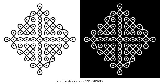 Circles, Squares, Curved Lines and 11X11 Dots - Indian Traditional and Cultural Rangoli, Alpona, Kolam or Paisley Vector Line art with dark and white background