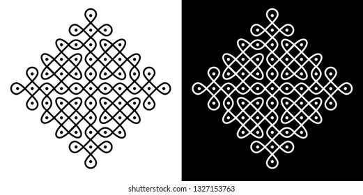 Circles, Squares, Curved lines and 11X11 Dots - Indian Traditional and Cultural Rangoli, Alpona, Kolam or Paisley Vector line art with dark and white background